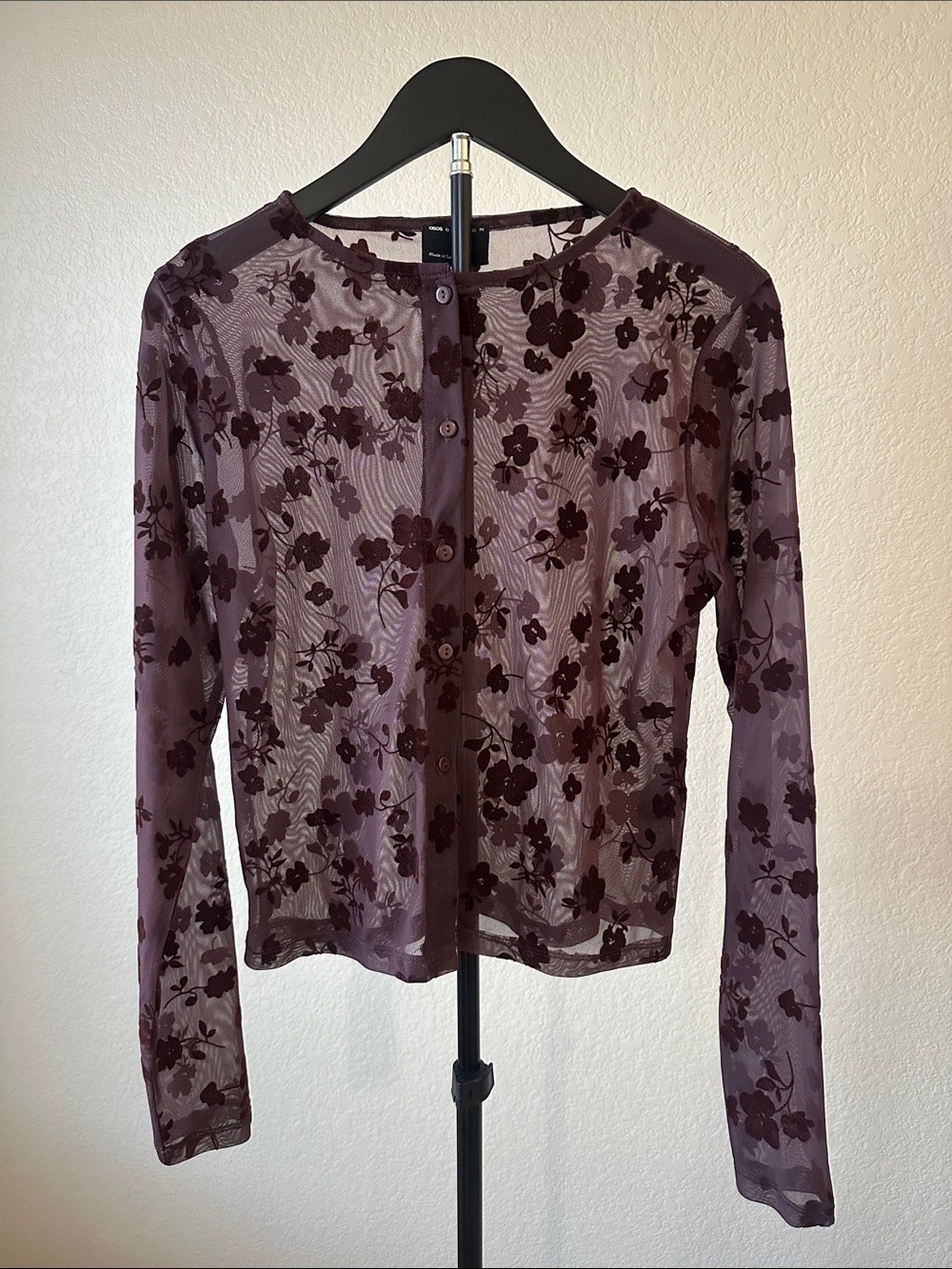 ASOS Sheer Floral Burnout Long Sleeve Top in Plum